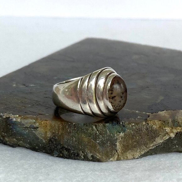 Solid Sterling Silver 925 Unisex Oval Dendritic Fern Agate Wide Band Ring Sz 8.5 - Picture 5 of 16